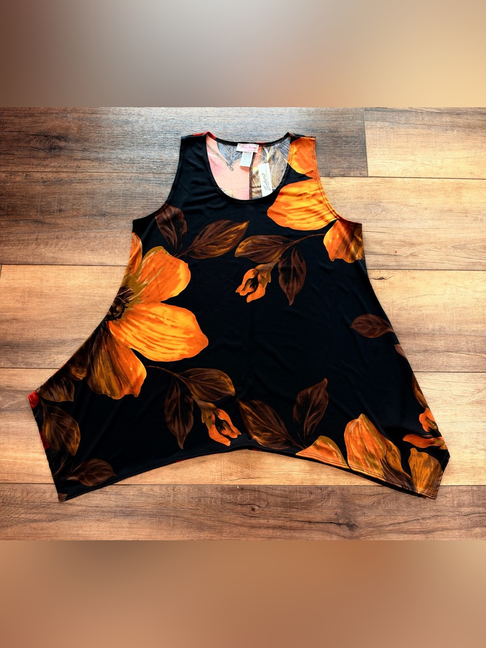 NWT Women’s Sleeveless Black Tank with Orange Floral Print Size XL